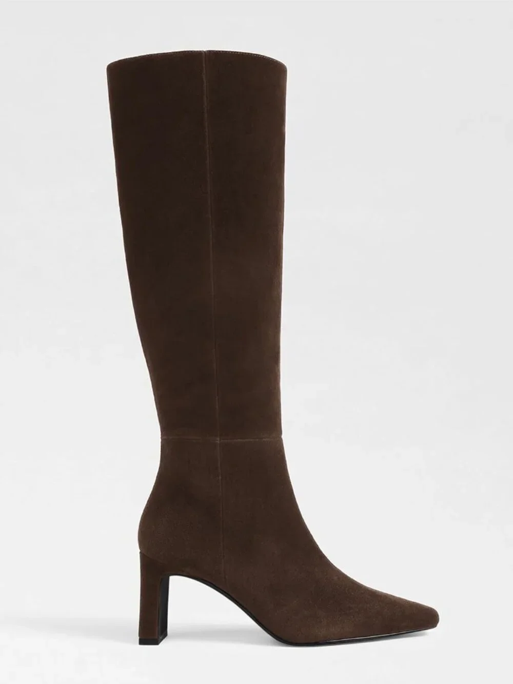 Women's Chocolate Chunky Heel Pointed Toe Faux Suede Side Zipper Knee High Boots